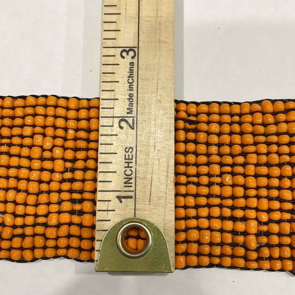 Sabak Women Wood Buckle Belt Beaded Boho‎ Stretch Glass Beads Handmade Orange